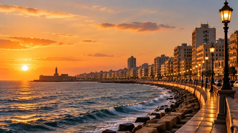 واجهة بحرية في الإسكندرية وقت الغروب