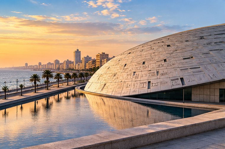 مكتبة حديثة على الواجهة البحرية في الإسكندرية دون أشخاص