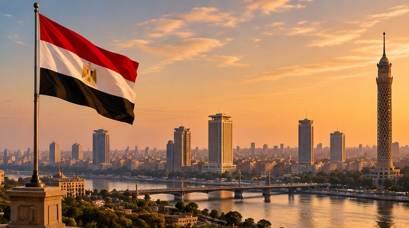العلم المصري ومشهد حضري دون أشخاص